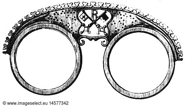 medicine  ophthalmology  glasses  pince-nez  illustration from Regensburg spectacle maker code  16th century  historic  historical  clipping  cut out  pince nez  decorated  crosses keys  coat of arms  cut-out  cut-outs