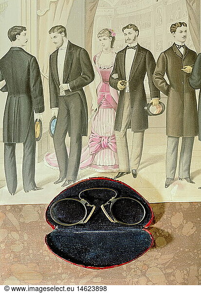 medicine  ophthalmology  glasses  pince-nez with case  late 19th century  on steel engraving  Paris  circa 1850