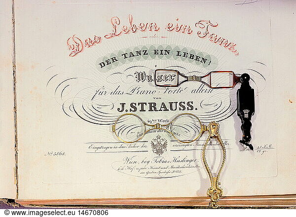 medicine  ophthalmology  glasses  two lorgnettes on the front page of a music book  waltz by Johann Strauss I  early 19th century  private collection  historic  historical  optics  lorgnette  Tobias Haslinger  Austria