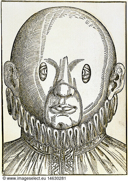 medicine  ophthalmology  hood as remedy against strabismus  woodcut  coloured  from 'Ophthalmoduleia  Das ist Augendienst'  by Georg Bartisch  Dresden  Germany  1583  private collection
