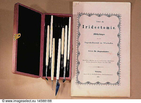 medicine  ophthalmology  instruments for surgery  besiden book 'Mitteilungen Ã¼ber die Iridektomie' by Dr. Alexander Pagenstecher  Wiesbaden  1858  private collection