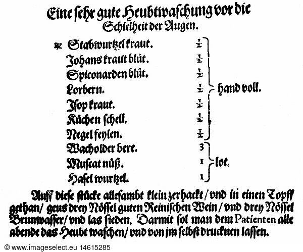 medicine  ophthalmology  prescription for a powder against squinting  'Augendienst' by Georg Bartisch  1583