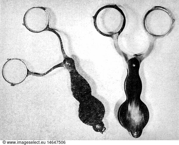 medicine  ophthalmology  two scissors-glasses  'Binocles d'incroyable'  tortoise shell  wood  circa 1792  from: 'Die Heilberufe'  issue 7  Berlin  1980