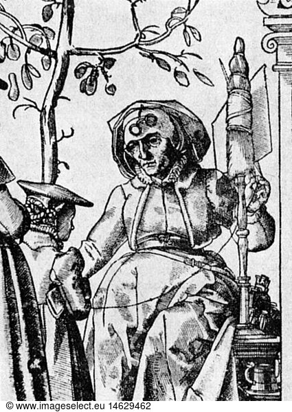 medicine  ophthalmology  woman with so called cap glasses  woodcut by Tobias Stimmer (1539 - 1584)  circa 1570