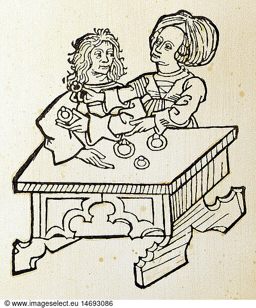 medicine  pharmacy  goldsmith and woman  woodcut  from 'Ortus Sanitatis' (The garden of health)  by Jakob Meydenbach  Mainz  Germany  1491  private collection