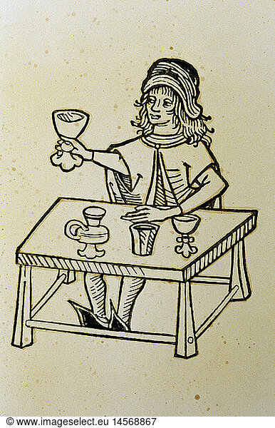 medicine  pharmacy  goldsmith selling drinking vessels and goblets  woodcut  from 'Ortus Sanitatis' (The garden of health)  by Jakob Meydenbach  Mainz  Germany  1491  private collection