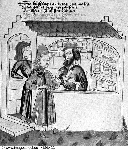 medicine  pharmacy  pharmacy  medieval German pharmacy  after coloured drawing  14th / 15th century  14th century  15th century  Middle Ages  graphic  graphics  occupation  occupations  apothecary  dispensing chemist  druggist  apothecaries  dispensing chemists  druggists  half length  standing  customer  customers  sale  sales  selling  sell  buying  purchase  buy  purchasing  building  buildings  script  scripts  manuscript  handwriting  handwritings  pharmaceutics  pharmacology  pharmacist  pharmacists  medicine  medicines  pharmacy  pharmacies  drugstore  chemist's shop  drugstores  chemist's shops  drug store  drug stores  medieval  mediaeval  historic  historical people