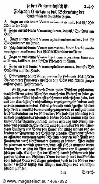 medicine  treatment  bloodletting / venesection  description of points for bloodletting regarding affections of the eyes  from: Georg Bartisch (1535 - 1607)  'Ophthalmoduleia  das ist Augendienst'  Dresden  1583
