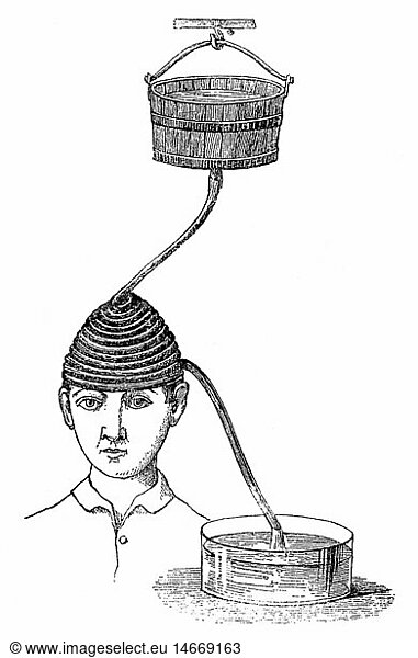 medicine  treatment  examination / therapy / consultation  cold water therapy against permanent headaches  drawing  circa 1910