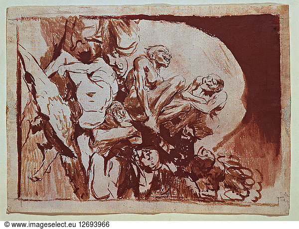 Meeting of witches. Drawing No. 113 of the series of sepia gouaches by Francisco de Goya.