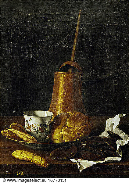 Meléndez  Luis 1716–1780.“Still life with chocolate service   1770.Oil on canvas  48 × 36 cm.Inv. no. 929Madrid  Museo del Prado.