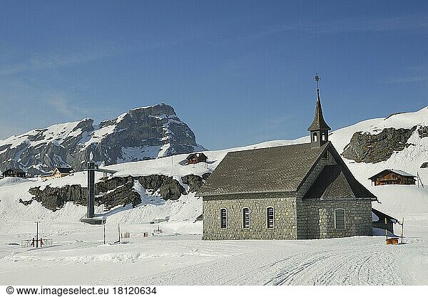 Melchsee-Frutt  chapel and panorama lift  skiing area in the Swiss Alps  Canton Obwalden  Switzerland  Europe