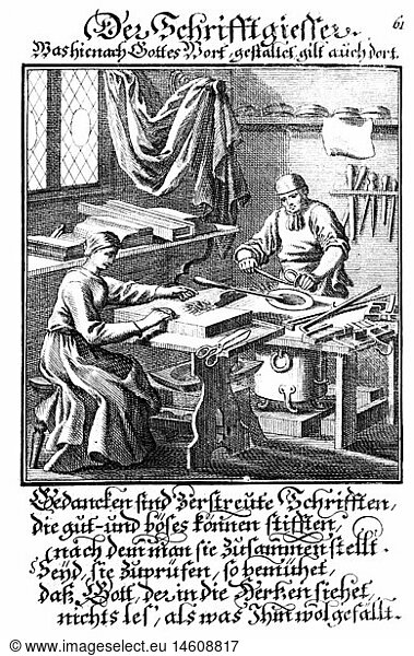Menschen hist  Berufe  SchriftgieÃŸer  Kupferstich aus dem StÃ¤ndebuch von Christoph Weigel  1698  mit Vers von Abraham a Santa Clara