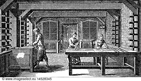 Menschen hist  Berufe  SchriftgieÃŸer  Werkstatt  justieren  Kupferstich  Frankreich  18. Jahrhundert