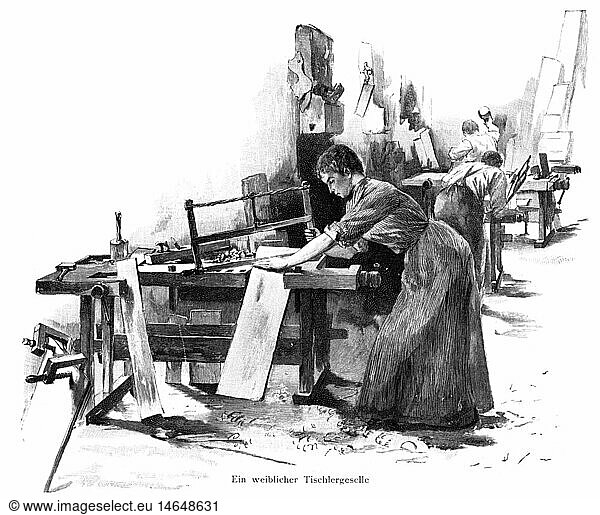 Menschen hist  Berufe  Tischlerin  weiblicher Geselle bei der Arbeit  Xylografie  um 1895