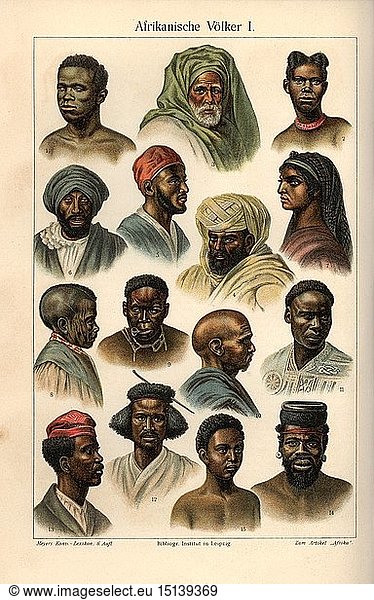Menschen hist.  Ethnien  Afrikanische VÃ¶lker I  1 und 2: Mpongwe  Mann und Frau  Gabun  3: Araber von Marokko  4: Araber aus dem sÃ¼dlichen Tunis  5: Fellah  6 und 7: Kopten  Mann und Frau  8: Koto vom Niger  9: Fan  10: Berber  Dachelaner  11: Darfur  12: Nubier  Hallenga  13: Kongoneger  14: Sulu  15: Bagirmi  Farblithografie  Tafel  Meyers Konversations-Lexikon  6. Auflage  Band 1