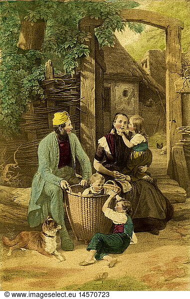 Menschen hist.  Familie  Kinder  Freizeit  Feierabend  vor dem Haus  Deutschland  um 1860
