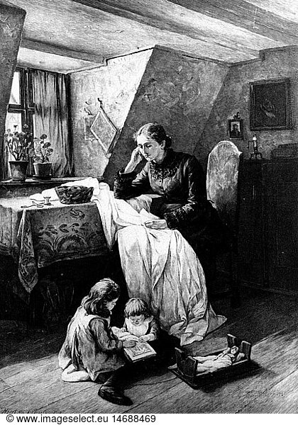 Menschen hist.  Familie  Mutter mit Kindern  Xylografie  um 1890