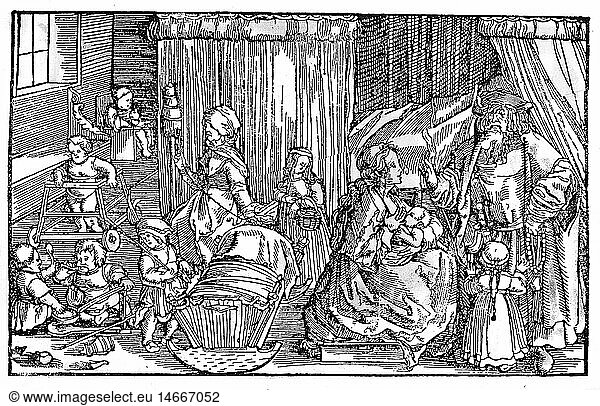 Menschen hist.  Familie  'Von einem fruchtbaren und wohlsprechlichen Hausweib'  Holzschnitt  koloriert  vom 'Petrarcameister'  aus 'Trostspiegel in GlÃ¼ck und UnglÃ¼ck' von Francesco Petrarca (1304 - 1374)  Augsburg  Deutschland  ab 1532  Privatsammlung Menschen hist., Familie, 'Von einem fruchtbaren und wohlsprechlichen Hausweib', Holzschnitt, koloriert, vom 'Petrarcameister', aus 'Trostspiegel in GlÃ¼ck und UnglÃ¼ck' von Francesco Petrarca (1304 - 1374), Augsburg, Deutschland, ab 1532, Privatsammlung,