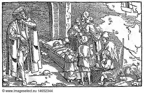 Menschen hist.  Familie  'Von viel und schwerer BÃ¼rde der Kinder'  Holzschnitt  koloriert  vom 'Petrarcameister'  aus 'Trostspiegel in GlÃ¼ck und UnglÃ¼ck' von Francesco Petrarca (1304 - 1374)  Augsburg  Deutschland  ab 1532  Privatsammlung Menschen hist., Familie, 'Von viel und schwerer BÃ¼rde der Kinder', Holzschnitt, koloriert, vom 'Petrarcameister', aus 'Trostspiegel in GlÃ¼ck und UnglÃ¼ck' von Francesco Petrarca (1304 - 1374), Augsburg, Deutschland, ab 1532, Privatsammlung,