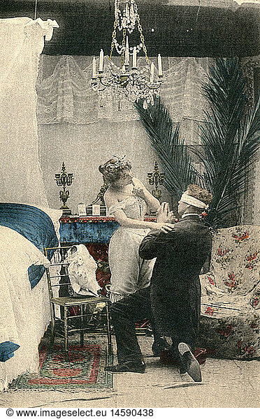 Menschen hist.  Hochzeit  Hochzeitspaar  Hochzeitsnacht  colorierter Fotopostkarte  Serie  Karte 7