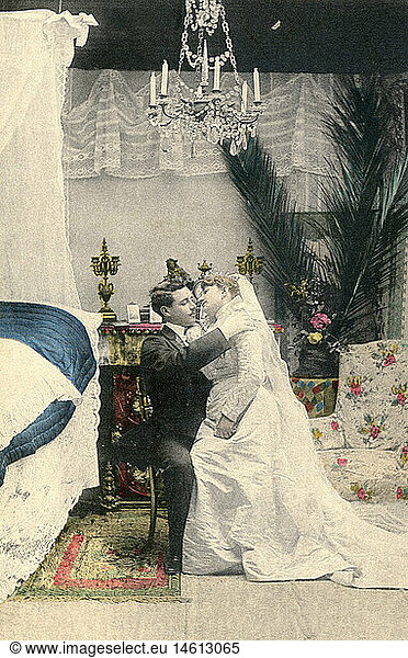 Menschen hist.  Hochzeit  Hochzeitspaar  Hochzeitsnacht  colorierter Fotopostkarte  Serie  Karte 3
