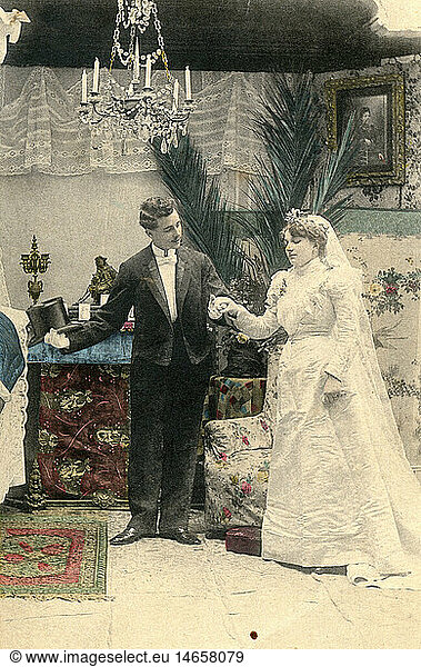 Menschen hist.  Hochzeit  Hochzeitspaar  Hochzeitsnacht  colorierter Fotopostkarte  Serie  Karte 1