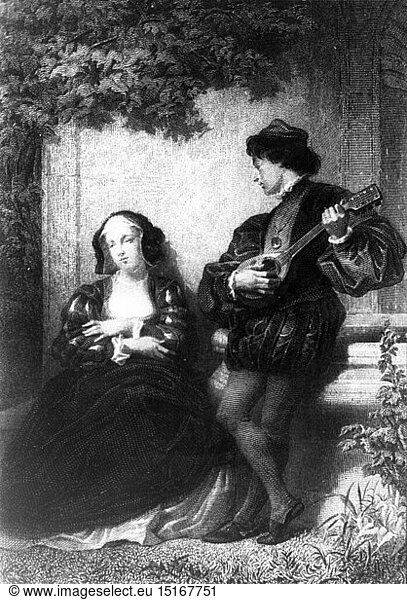 Menschen hist.  Paare  Dame und musizierender Kavalier im 16. Jahrhundert  franzÃ¶sischer Kupferstich  19. Jahrhundert