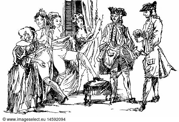 Menschen hist.  Prostitution  Vorstellung der Damen im Bordell  18. Jahrhundert  Zeichnung  20. Jahrhundert