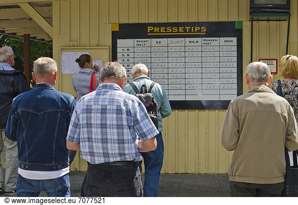 Menschen stehen vor einer Tafel mit Wett-Tips kurz vor dem Beginn eines Pferderennens  Dresden  Sachsen  Deutschland  Europa