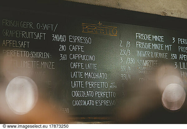 Menu board displayed in cafe