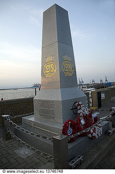 Merchant Navy memorial with wreaths  Harwich  Essex