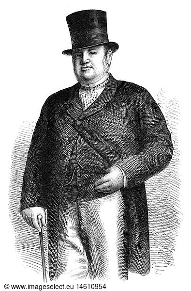 Merck  Ernst Freiherr von  20.11.1811 - 6.7.1863  German businessman  half length  with top hat and walking cane  etching