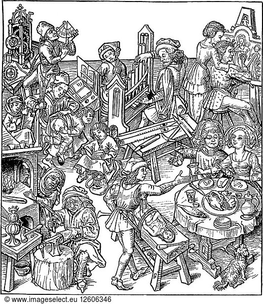 Merkur und seine Kinder. Illustration aus dem Hausbuch  1480er Jahre. Künstler: Meister des Hausbuchs (zwischen 1470 und 1505)
