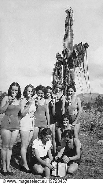 Mesa  Arizona um 1937 Hier in Arizona benutzen die Einwohner einen mit Lametta und roten Bändern geschmückten Saguaro-Katus als Weihnachtsbaum  tragen Badeanzüge und essen Eistüten  während sie ihre Geschenke öffnen.
