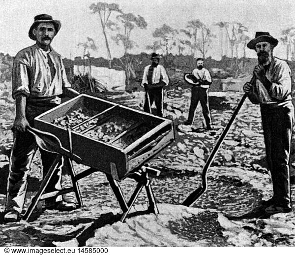metal  gold  gold seekers processing gold sand  Coolgardie  drawing  19th century  19th century  Western Australia  half length  standing  hat  hats  gold seeker  gold prospector  gold seekers  gold prospectors  gold-diggers  golddiggers  golddigger  gold digger  gold diggers  gold-seeking  gold prospecting  quest for gold  search for gold  gold mining  screening  sieving  sizing  bolting  sift  sifting  cradle  cradles  shovel  shovels  gold fever  gold rush  precious metal  precious metals  metal  metals  historic  historical  men  man  male  people