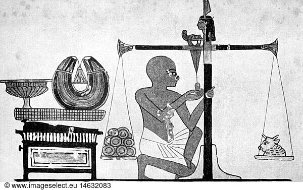 metal  gold  goldsmith weighing bars  mural painting  grave of Nebamon and of Ipuky  Thebes  Egypt  circa 1550 - 1300 BC  14th century  ancient world  ancient times  18th Dynasty  fine arts  art  art of painting  fresco  frescos  frescoing  half length  kneel  kneeling  scale  scales  weight  weights  bull's head  jewellery  jewelry  Maat  deity  divinity  deities  goddess  goddesses  occupation  occupations  metal  metals  goldsmith  goldsmiths  weighing  weigh  mural painting  wall painting  murals  mural paintings  wall paintings  wallpainting  wallpaintings  gold bar  bar of gold  gold bullion  gold bars  bars of gold  gold bullions  prcious metal  precious metals  grave  graves  historic  historical  man  men  male  people  ancient world _NOT
