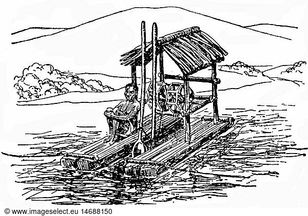 metal  gold  primitive digger for gold sand  Philippines  drawing  20th century  20th century  graphic  graphics  precious metal  precious metals  gold-seeking  gold prospecting  quest for gold  search for gold  gold mining  gold seeker  gold prospector  gold seekers  gold prospectors  gold digger  gold diggers  half length  sitting  sit  raft  rafts  digger  dipper dredger  diggers  gold sand  sand  stretch of waters  metal  metals  historic  historical  people