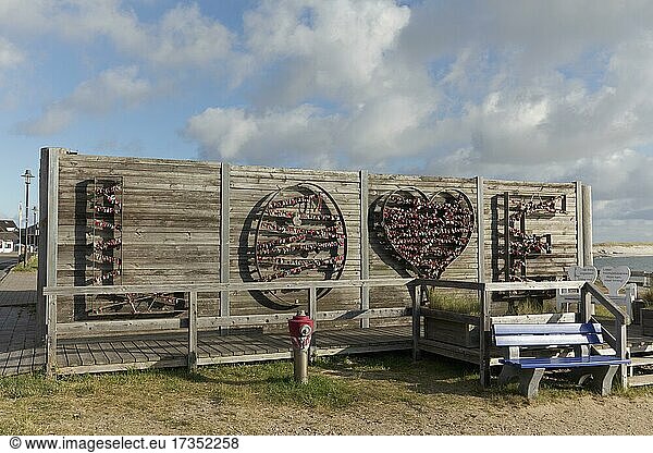 Metal lettering Love  filled with love locks  List on Sylt  North Frisian Islands  Schleswig-Holstein  Germany  Europe