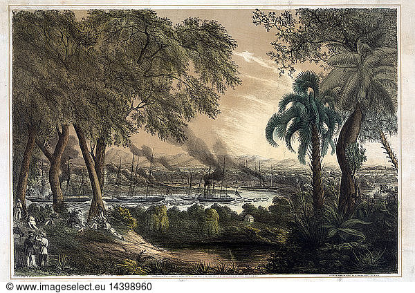 Mexican-American War 1846-1848: Seven vessels under Commodore Matthew Perry ascending the Tabasco (Grijalva) River 15 June 1847. Part of American attempt to block Mexican ports on Gulf of Mexico. Print c1848. Battle Naval