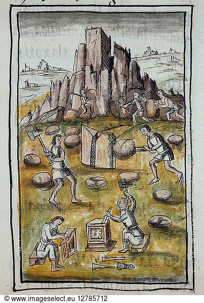MEXICO: AZTEC MASONS. Aztec stone masons at work. Drawing from the Codex Florentino  compiled by Bernardo de Sahagun  c1540.