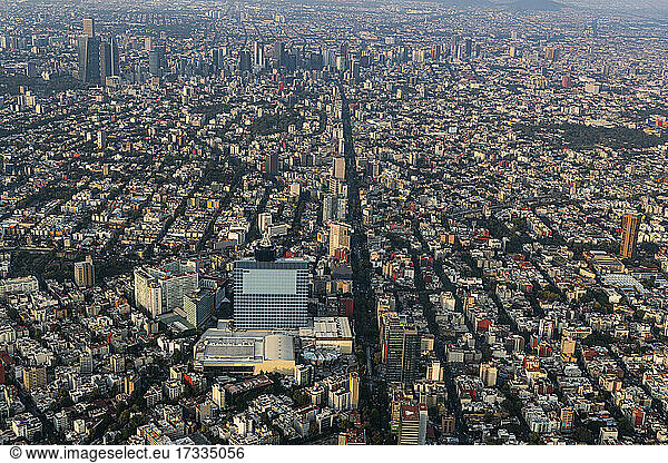 Mexico  Mexico City  Aerial view of densely populated city at dusk