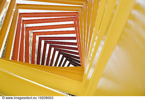 Mexico  Mexico City  Red and yellow geometric sculpture in Espacio Escultorico UNAM