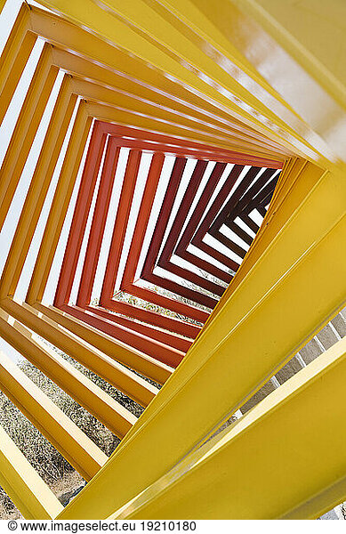 Mexico  Mexico City  Red and yellow geometric sculpture in Espacio Escultorico UNAM