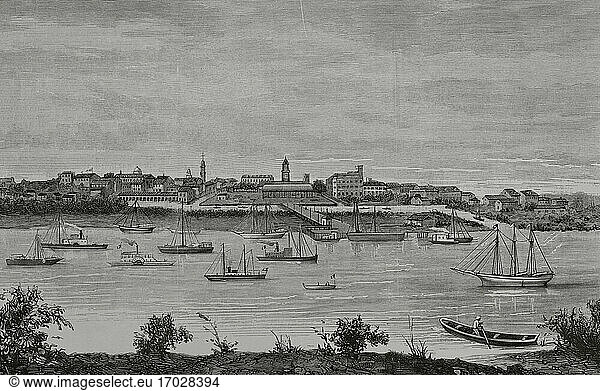 Mexiko  Tampico. Blick auf den Hafen der Stadt (Atlantikküste). Kupferstich von Tomás Carlos Capuz (1834-1899). La Ilustracion Española y Americana  1881.