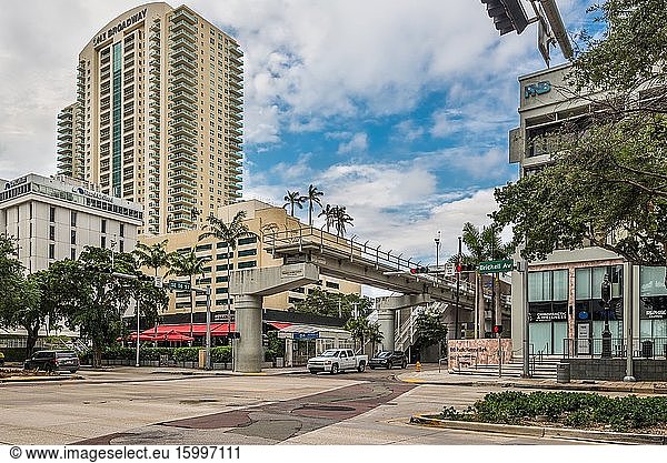 Miami  FL  United States - April 19  2019: Financial District Metromover Station in Miami  United States of America. Metromover is free mass transit people mover train system.
