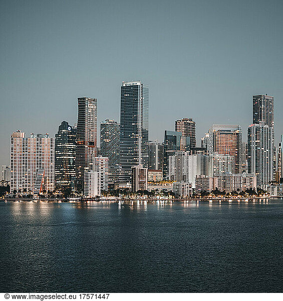 Miami Florida city skyline Brickell color blue