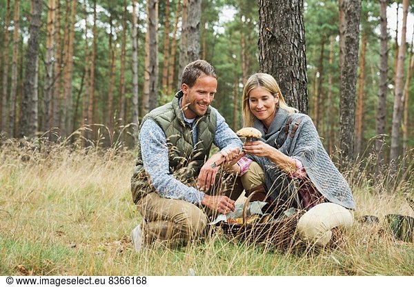 Mid adult couple foraging for mushrooms in forest