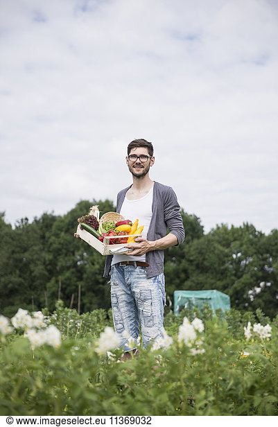 Mid adult man harvesting vegetables from community garden