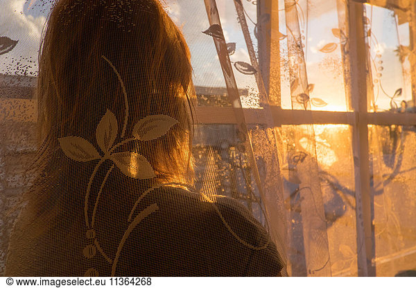 Mid adult woman  behind net curtain  looking out of window  rear view